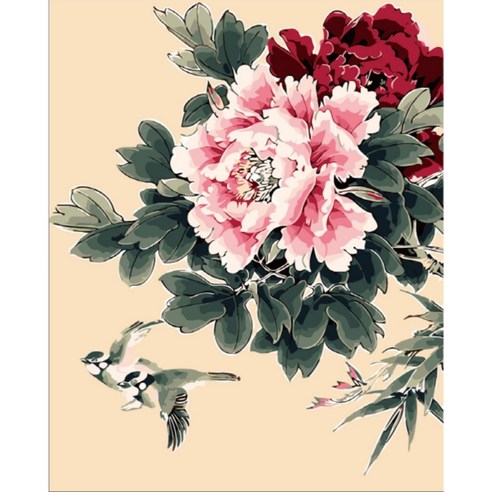 모모픽스페인팅 DIY 명화그리기 세트 40 x 50 cm, 목단꽃과 새 모란꽃 복을부르는 꽃그림