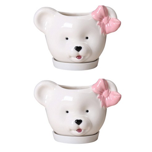 큐티 리본 곰돌이 화분 2p, 화이트