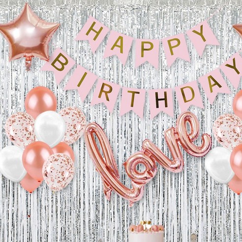 올리브파티 생일파티 용품 호일커튼 패키지 홈파티세트, 로즈골드, 1세트