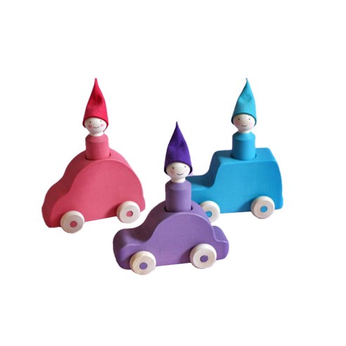 스칸디코 발도르프 원목 고깔모자 자동차 3종 세트, 블루 + 바이올렛 + 핑크