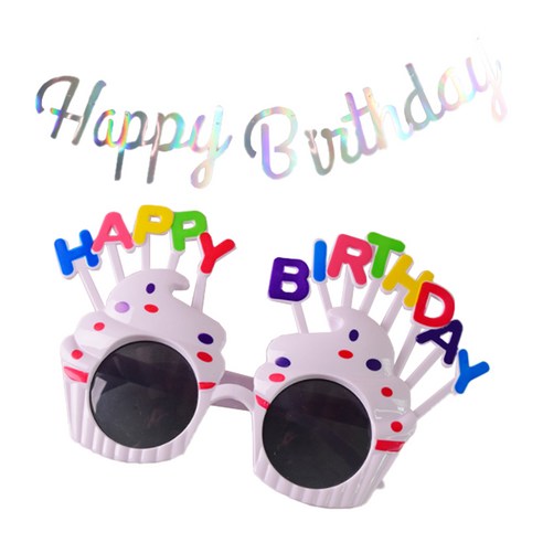 해피버쓰데이 필기체 가랜드 + 생일주인공 머핀 안경 세트, 홀로그램(가랜드), 화이트(안경), 1세트