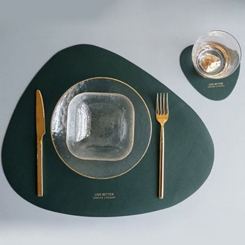 타원형 PU가죽 테이블매트 + 코스터, 그린, 테이블매트(45 x 36.8 cm), 코스터(12.5 x 11.5 cm)