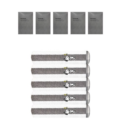 송월타월 스누피 멜로우 스트라이프 세면타월 170g 30수 코마사 + 케이스 세트, 그레이ST(타월), 랜덤발송(케이스), 5세트