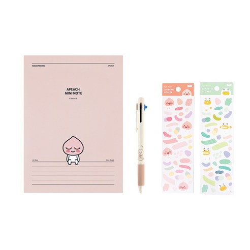 카카오프렌즈 A5 중철노트 + 데일리 4in1 샤프컬러펜 + 에이프릴샤워 컨페티 스티커 2p 세트, 어피치(노트), 라이언(펜), 랜덤발송(스티커), 1세트