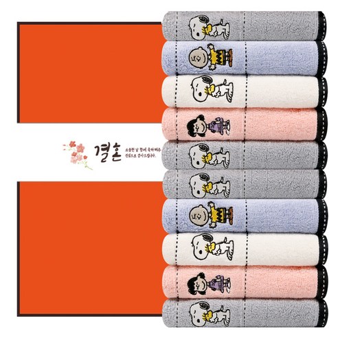 송월타월 스누피 프렌즈 세면타월 140g 30수 면사 + 케이스 + 결혼식띠지 500 x 70 mm 세트, 랜덤발송(세면타월, 케이스), B타입(결혼식띠지), 10세트