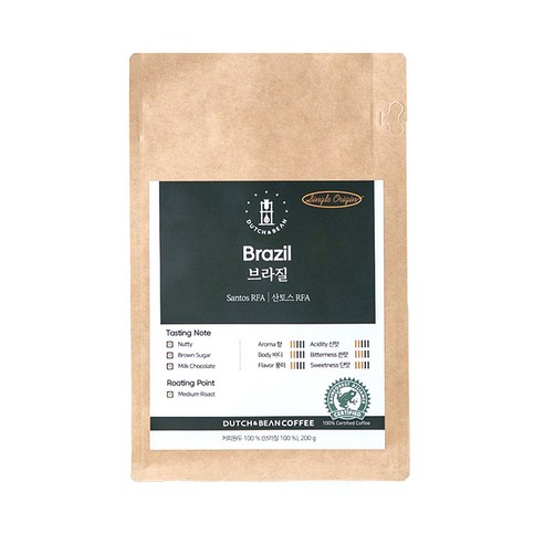 더치앤빈 싱글 오리진 브라질 산토스 RFA 로스팅 커피, 200g, 1개, 에스프레소