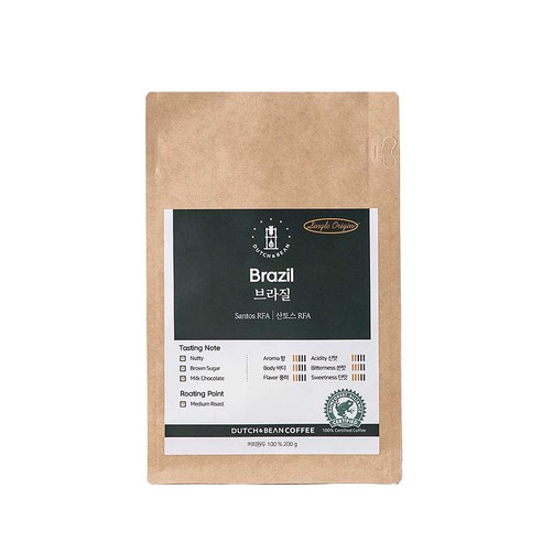 더치앤빈 싱글 오리진 브라질 산토스 RFA 로스팅 원두 2p, 200g, 1개, 홀빈(분쇄안함)