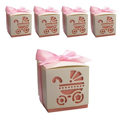 글로리빙 답례품 생일선물 포장 상자 유모차 + 리본 세트, 핑크, 5세트