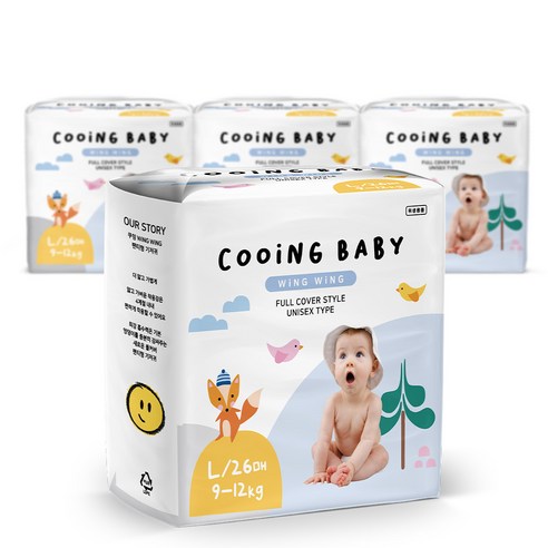 쿠잉베이비 윙윙 풀커버 팬티형 기저귀 아동용 대형 L(9~12kg), 104매