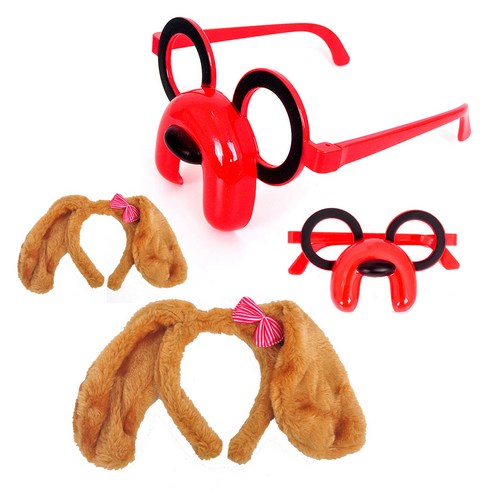 파티쇼 강아지 파티 머리띠 + 안경 세트, 브라운(머리띠), 레드(안경), 2세트