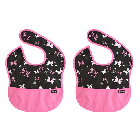 플리에 배색 방수 이유식 턱받이, 2개, 21 블랙핑크리본