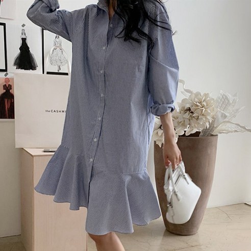 페이퍼먼츠 카라 스트라이프 셔츠형 긴팔 원피스 02446 셔츠형원피스
