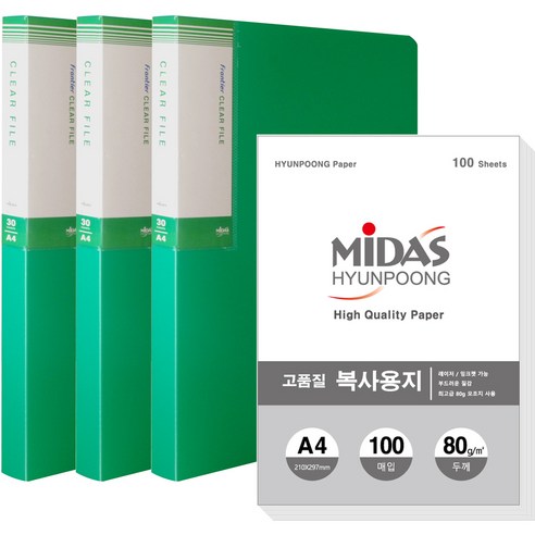 현풍 30매 프론티어 화일 인덱스 A4 3p + 복사지 100p 세트, 1세트, 녹색