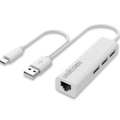 유니콘 USB C + A 타입 겸용 유선랜카드 USB 3포트 허브 ULAN-300CA, 화이트