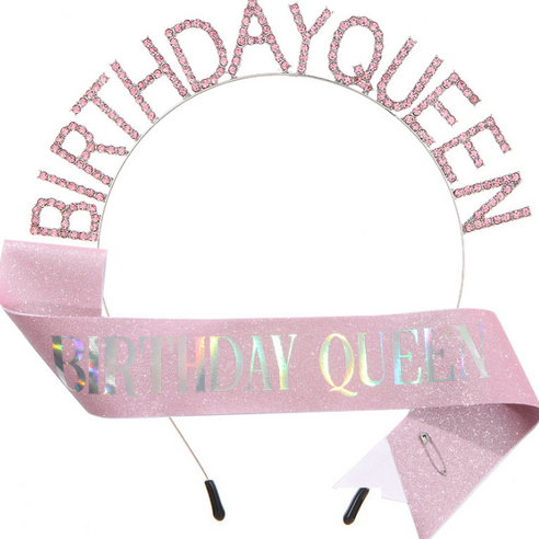 바이핏 파티용품 birthday queen 머리띠 + 어깨끈 세트, 핑크, 1세트