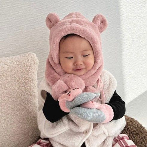 조이멀티 유아용 밀크베어 퍼 네키 목도리 모자