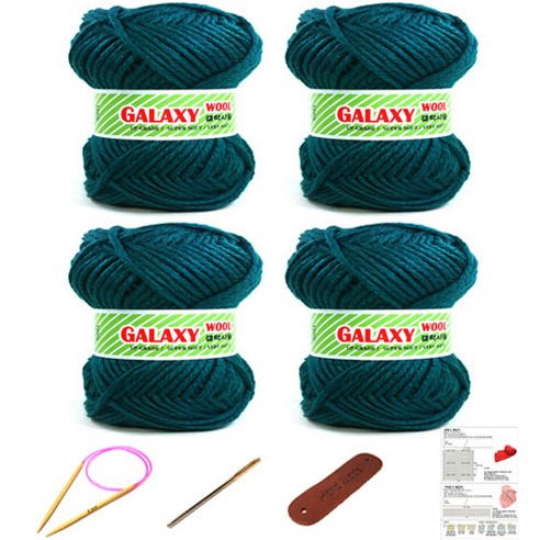 행복뜨기 갤럭시울 털 뜨개실 4볼 + 대바늘 6mm + 돗바늘 + 가죽라벨 + 목도리도안 세트, 2911 청록, 1세트