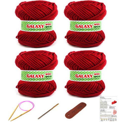 행복뜨기 갤럭시울 털 뜨개실 4볼 + 대바늘 6mm + 돗바늘 + 가죽라벨 + 목도리도안 세트, 2915 빨강, 1세트