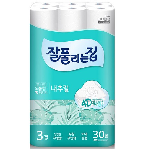 잘풀리는집 내추럴 4D픽셀 엠보싱 3겹 롤화장지 25m, 30롤, 2팩