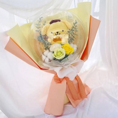 러블리팜 조화 산리오 인형 벌룬 LED 조명 비누 꽃다발, 폼폼푸린, 1개