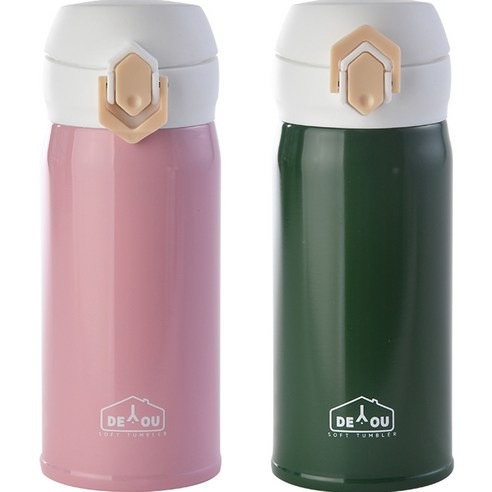 상상앤드 비비드 2중 진공 원터치 보온병, 핑크 + 카키, 350ml