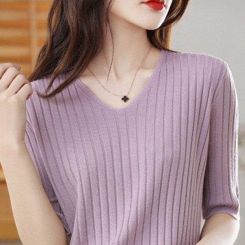 알로데 여성용 라벨르 V넥 골지 반팔 니트 폴로반팔니트