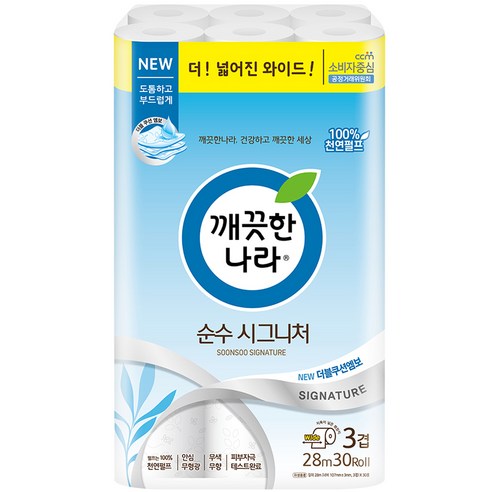 깨끗한나라 3겹 천연펄프 순수 시그니처 화장지 28m, 30롤, 1팩