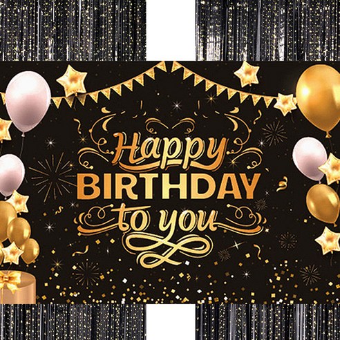 파티쇼 은박수술커튼 2p + 생일현수막 대형 세트, 스타프린트 블랙(커튼), 블랙파티A형(생일현수막), 1세트