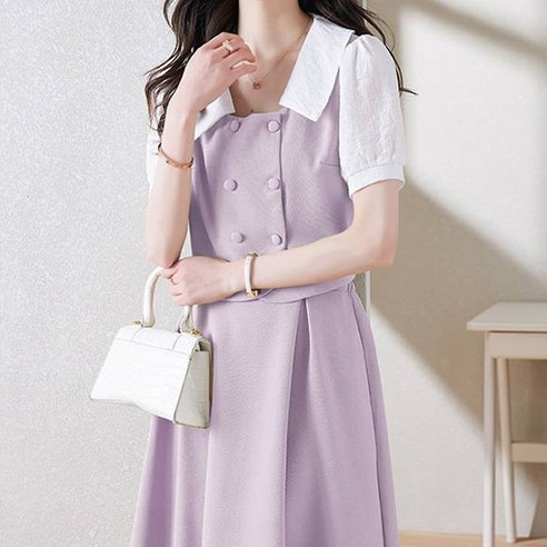 페이퍼먼츠 배색 카라넥 더블 버튼 반팔 자켓 + 미디 스커트 세트 05053 치마정장 페이퍼먼츠 배색 카라넥 더블 버튼 반팔 자켓 + 미디 스커트 세트 05053 치마정장