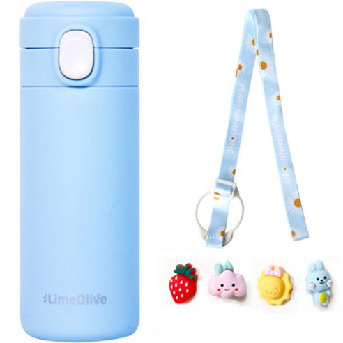 라임올리브 뮤티드 파스텔 보온보냉병 350ml + 스트랩 + 입체스티커 4종 + 전용 패키지 세트, 스카이블루(보온병), 블루(스트랩), 랜덤발송(입체스티커), 1개