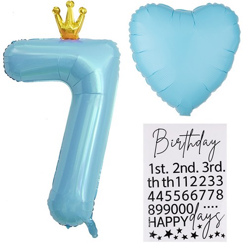 조이파티 숫자왕관 은박풍선 대 7 + 하트 은박풍선 마카롱 + Birthday 숫자 스티커 세트, 블루(풍선), 블랙(스티커), 1세트