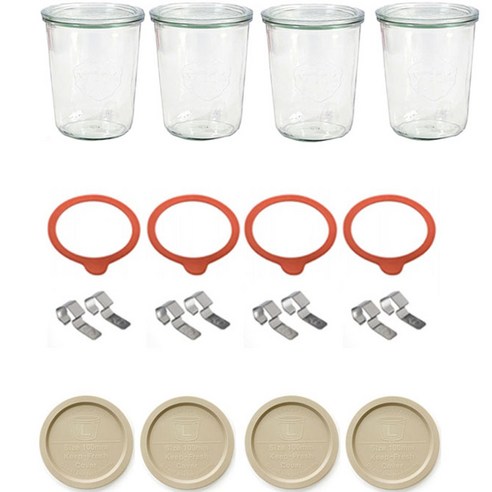 WECK 기본형 PE 뚜껑 + 유리용기 + 유리뚜껑 + 고무링 + 클립 2p 풀 세트 베이지 580ml No.742, 4세트, 5종