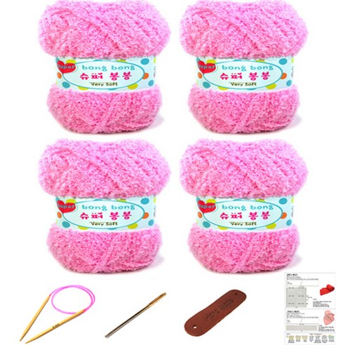 행복뜨기 슈퍼봉봉 뜨개실 4p + 대바늘 4.5mm + 돗바늘 + 가죽 라벨 + 목도리 도안 세트, 1세트, 2314 분홍(뜨개실)