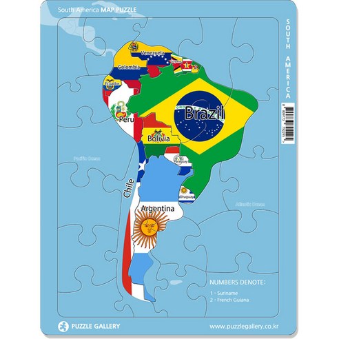 퍼즐갤러리 월드맵 라인 퍼즐 목재 남미 남아메리카 지도 판퍼즐, 31피스, 혼합색상