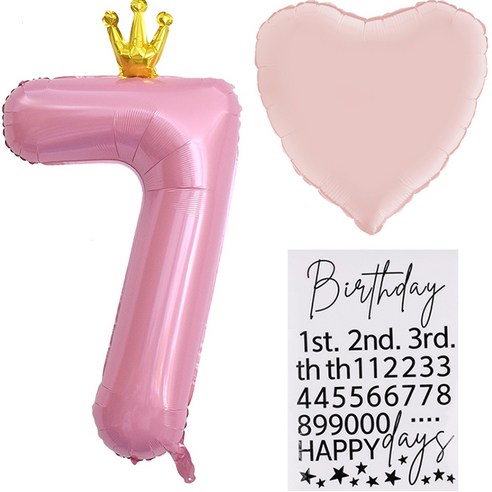 조이파티 숫자왕관 은박풍선 대 7 + 하트 은박풍선 + Birthday 숫자 스티커 세트, 핑크(숫자), 베이비핑크(하트), 1세트