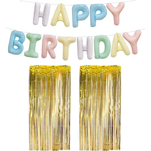 조이파티 풍선 HAPPY BIRTHDAY + 파티 은박 커튼 2p 세트, 파스텔, 골드, 1세트
