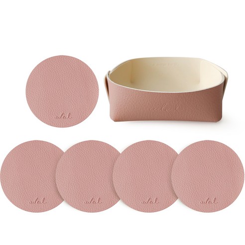 에이드엘 써클 레더 컵받침 5p + 트레이 세트, 핑크, 1세트