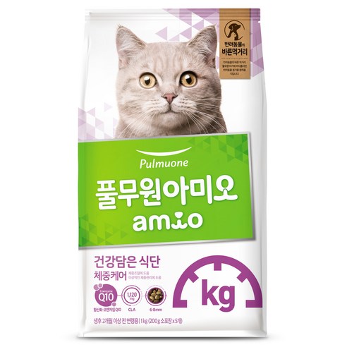 풀무원아미오 고양이 건강담은 식단 기능성 사료, 다이어트(체중관리), 1kg, 1개
