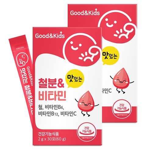 굿앤키즈 유아용 맛있는 철분 & 비타민 딸기맛 30p, 60g, 2개 어린이 건강식품