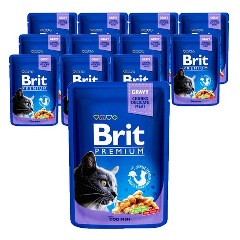 브리트 고양이 전연령용 프리미엄 주식파우치 습식사료 대구 피쉬, 닭, 100g, 12개