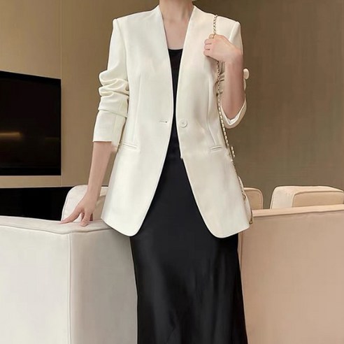 페이퍼먼츠 여성용 깔끔한 노카라 원버튼 긴팔 자켓 08530