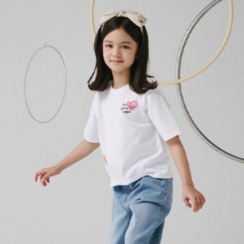 빈 여아용 하트 프린팅 반소매 티셔츠
