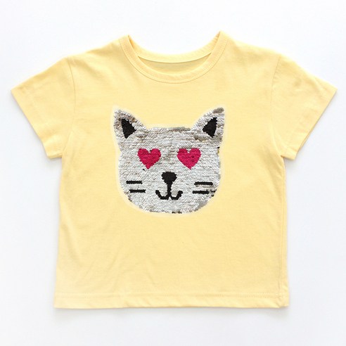 여아용 반전 고양이 스팽글 반팔 티셔츠