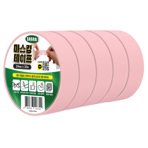 스코라 종이 마스킹 테이프 핑크 24mm x 30m, 5개