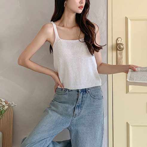 뜨개진 여성용 린넨 스퀘어넥 뷔스티에 히포에 나시