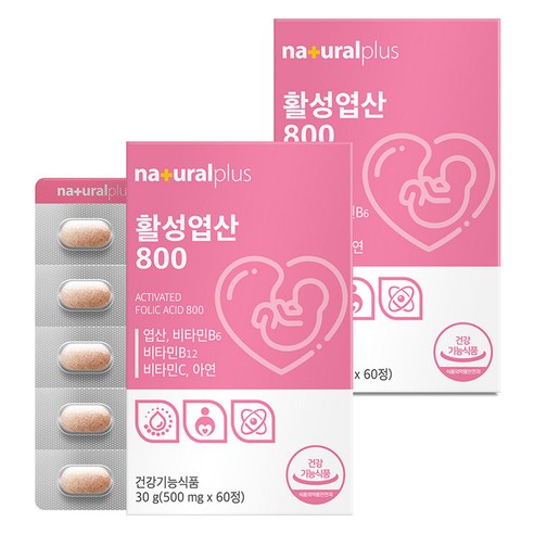 내츄럴플러스 활성 엽산 800 60정 1박스 2개월분 / 5-MTHF 비타민 미네랄 5종, 1개