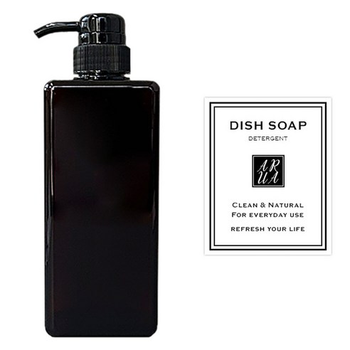 아루아 욕실 주방 사각 디스펜서 일반펌프 650ml + 세제 스티커 세트, 1세트, 브라운