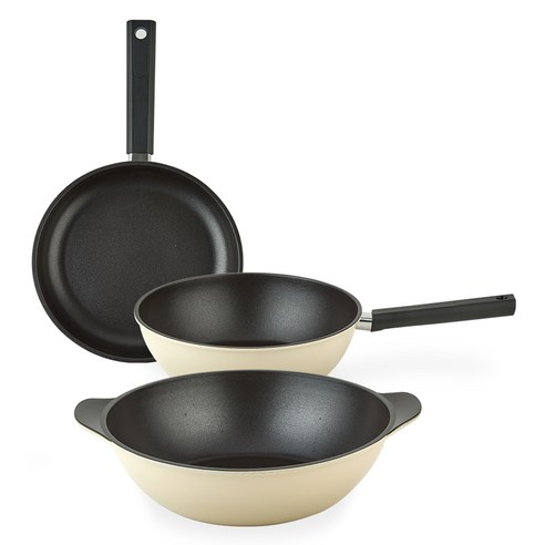 퀸센스 샌드 후라이팬 세트 3개, 베이지, 후라이팬 28cm + 궁중팬 24cm + 파티웍 28cm, 1세트