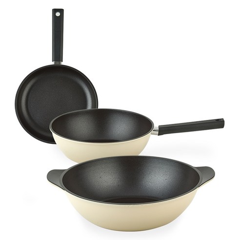 퀸센스 샌드 후라이팬 세트 3개, 베이지, 후라이팬 24cm + 궁중팬 24cm + 파티웍 28cm, 1세트