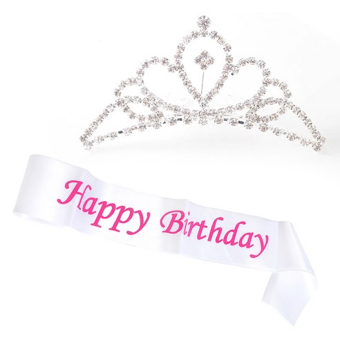파티쇼 공주 티아라 왕관 생일 어깨띠 세트, 화이트핑크(중형A), 1세트